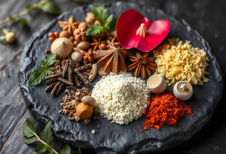 Herbs and Spices on Black Stone Plate Culinary Art in Focus